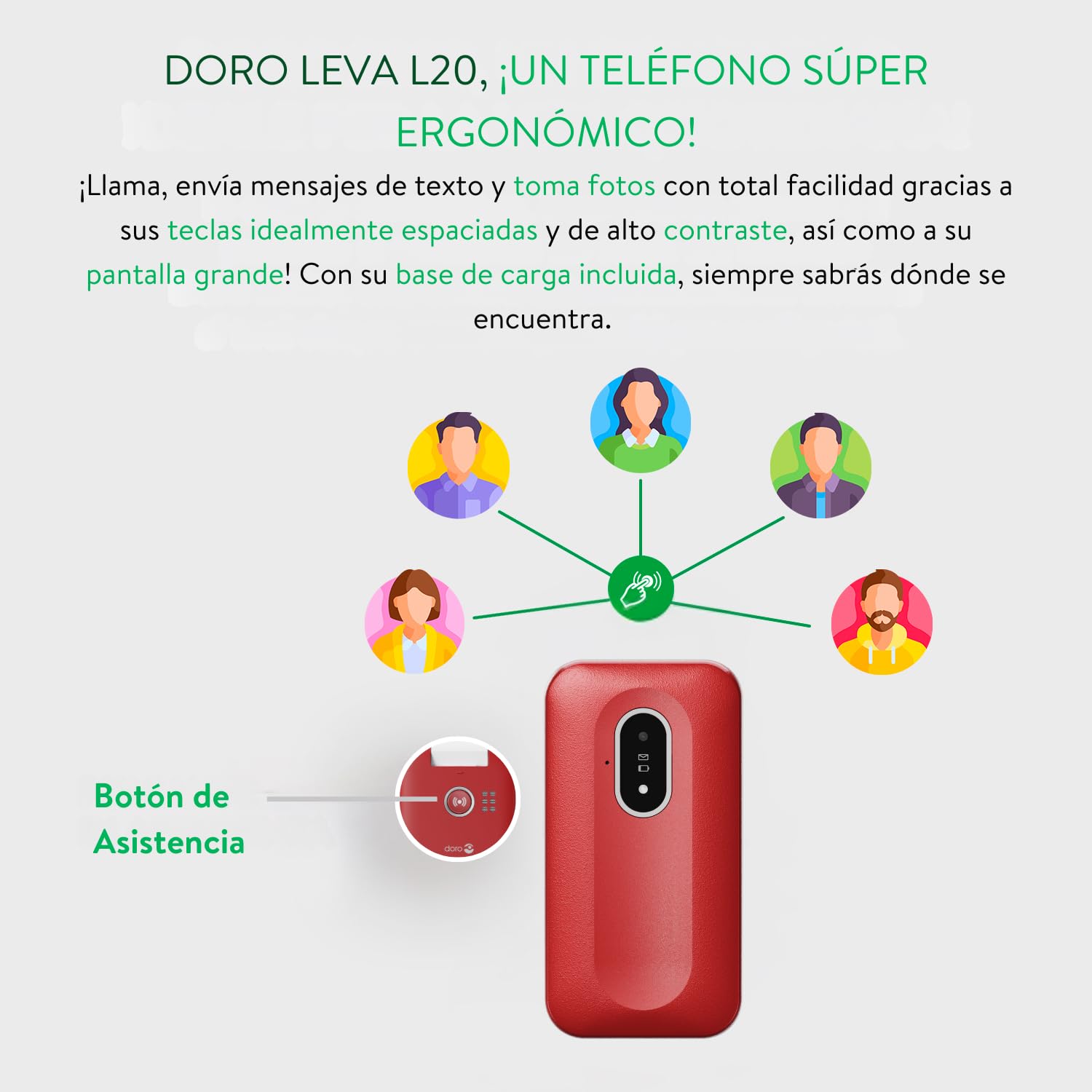 Doro - Leva L20 - Téléphone Portable Senior - Téléphone À Clapet 4G Débloqué - Grand Écran - Son HD Puissant - Appareil Photo - Touche d'Assistance Avec GPS - Socle Chargeur Inclus - Rouge/Blanc