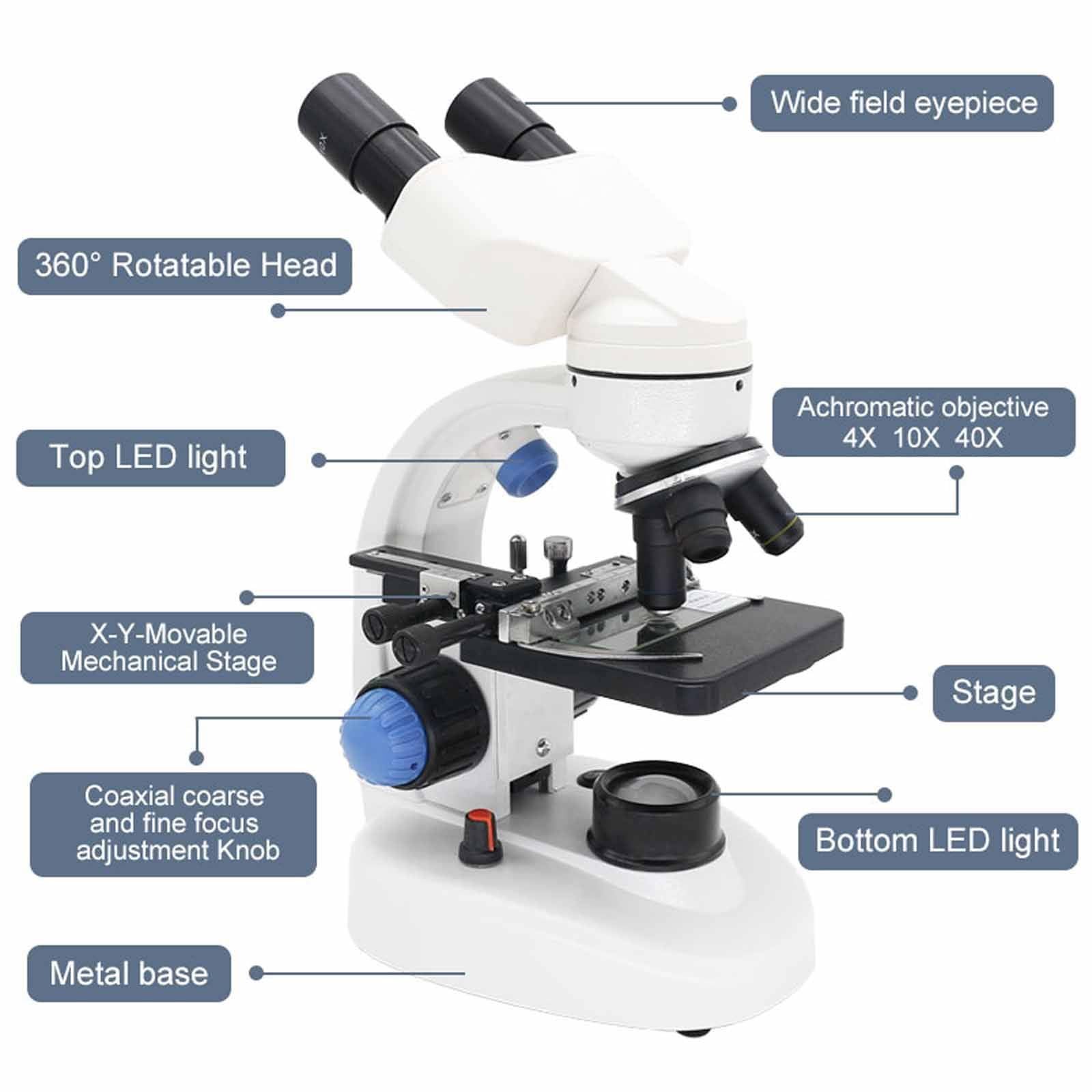 Microscopio Compuesto De 2 Piezas, Microscopio De Laboratorio Profesional 40x-1000x, Oculares Wf10x Y Wf25x, IluminacióN Led Dual Y Platina MecáNica De Dos Capas, Microscopio Para Adultos,White
