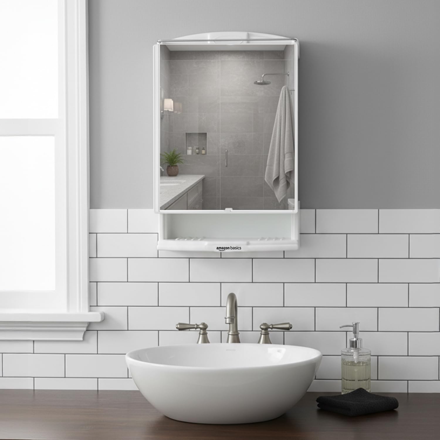 Amazon Basics Plastic Multipurpose, Wall-Mounted Storage Cabinet with Mirror, Small (White)-image-37