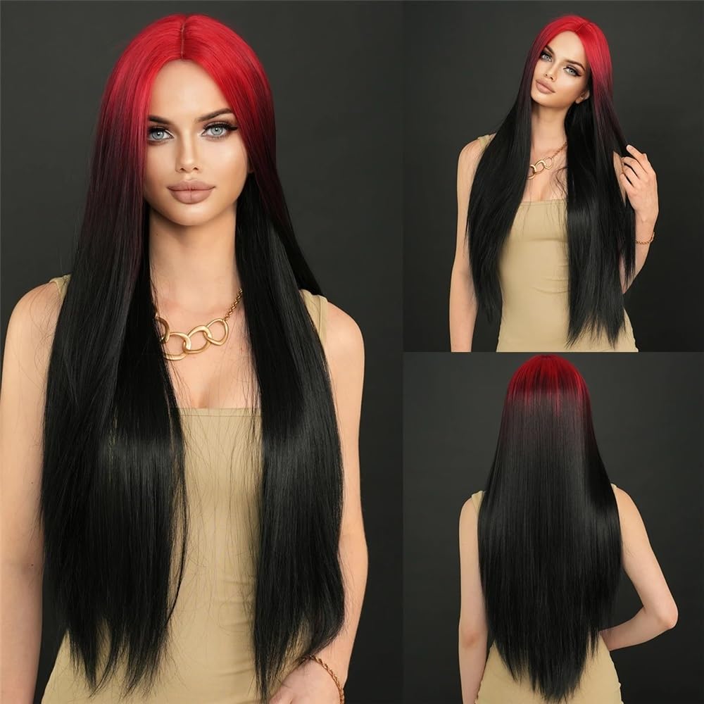 32 cm Kaneles Ombre, czerwone wino, bardzo miękkie damskie długie proste peruki na imprezę, do cosplay, miękkie i naturalne