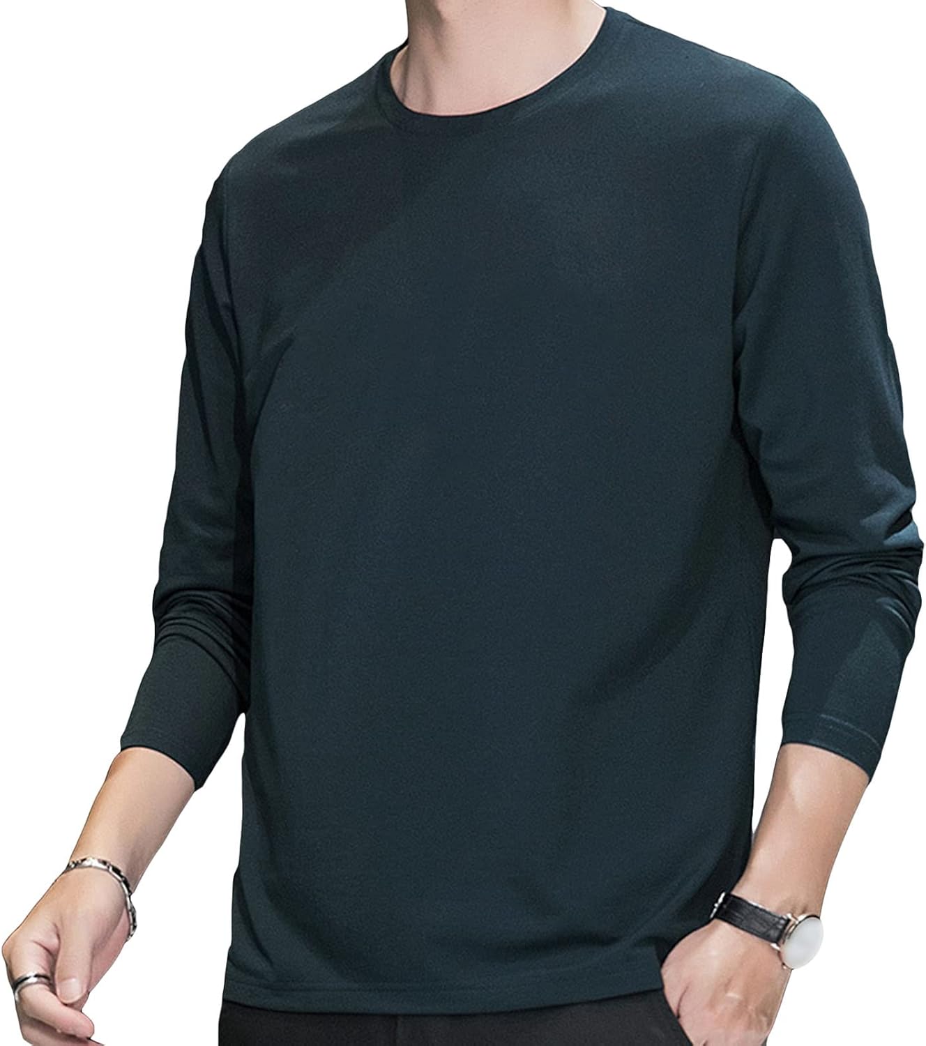 Men's Fashion Long Sleeve Shirts Soft Stretch V Neck Basic Cotton Tees Crew Neck Classic Casual Pullover T-Shirt