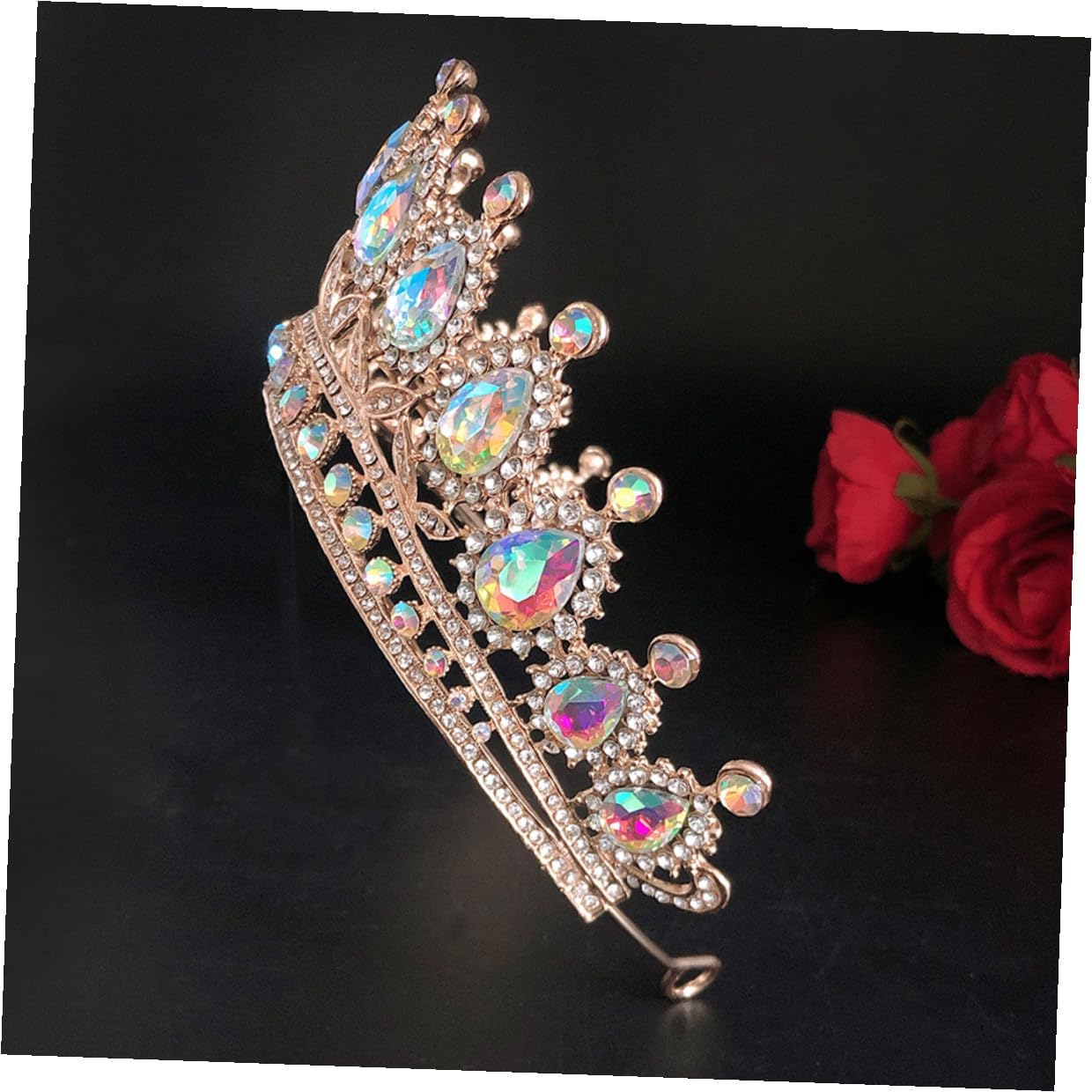 Holibanna Rhinestones Tiara Crown for Women Bridal Headpiece, Colorful Teardrop Princess Crown with Gold Accents, Party and Birthday Costume Accessory