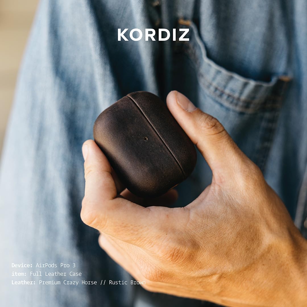 KORDIZ for AirPods Pro 3rd Generation Leather Case Cover – Genuine Full-Grain Crazy Horse Cowhide Leather Case for Airpods Pro 3 – Rugged Vintage Patina – Front LED Visible (Rustic Brown)