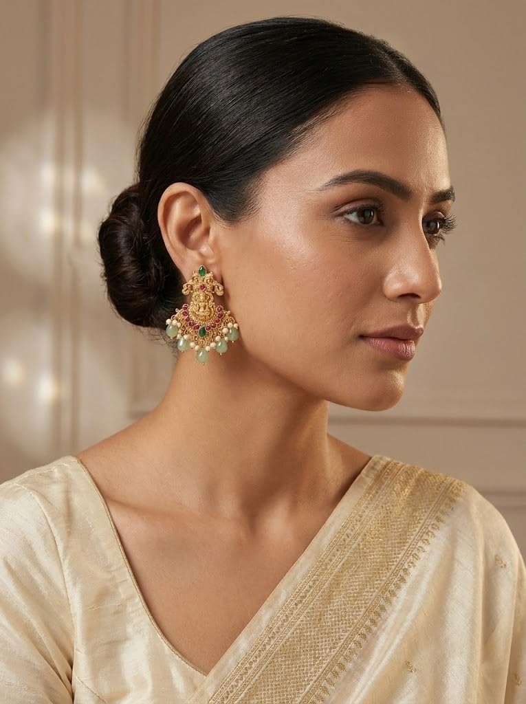 Temple Jewelry Necklace Set for Women – Gold Plated Goddess Lakshmi Design Statement Necklace with Matching Earrings, Green & Red Stones, Traditional Indian Bridal Wedding Jewelry