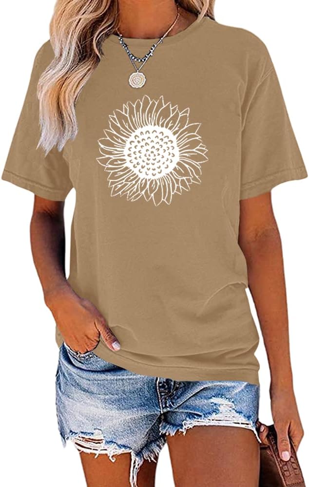 MaQiYa Womens Cute Sunflower Graphic Printed Tee Shirts Vintage Short Sleeve Cotton Shirts Tops