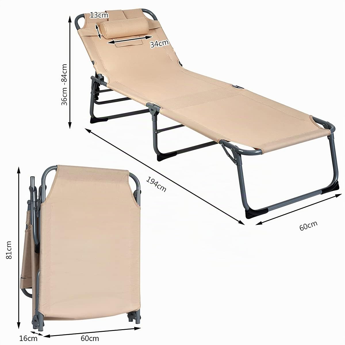 GIANTEX Chaise Longue Pliante avec Trou de Lecture, Transat Bain de Soleil Inclinable Ergonomie Oreiller Amovible 5 Positions Réglables, Transat de Jardin pour Jardin, Piscine, Terrasse (Beige)