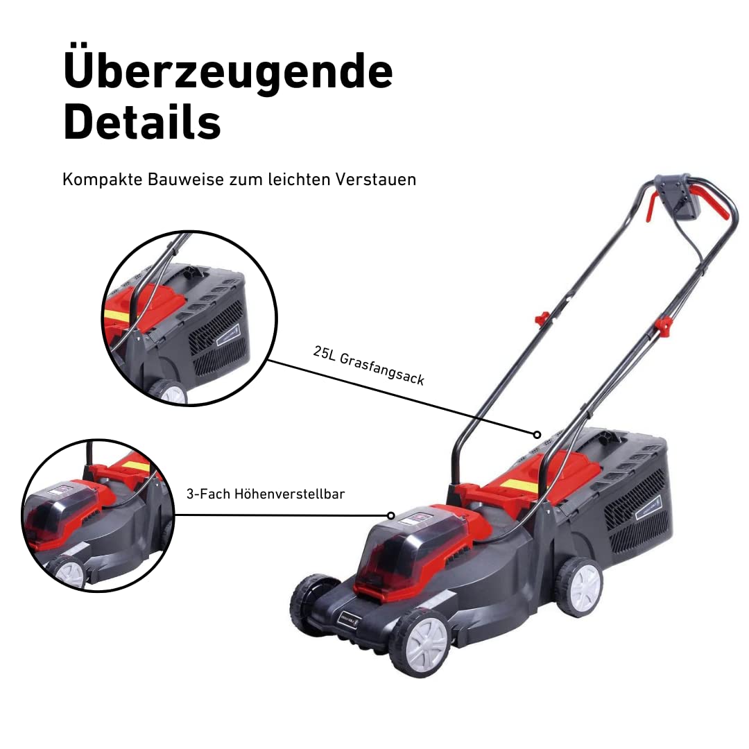 LEOGarden Akku-Kompakt-Rasenmäher LG10020-32C1 Set inkl. Akku & Ladegerät (3-Fach höhenverstellbar, 32cm Schnittbreite, 25l Grasfangsack, 20V Akku)