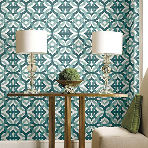 Waverly RMK11864RL Tipton Peel and Stick Wallpaper Teal and White, Teal, White, 45 x 574 cm
