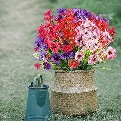 12 Bundles Artificial Flowers Outdoor 4 Colors UV Resistant Fake Flowers No Fade Faux Plastic Plant Silk Flowers for Indoor Outside Hanging Planter Home Garden Porch Patio Window Box Wedding Decor