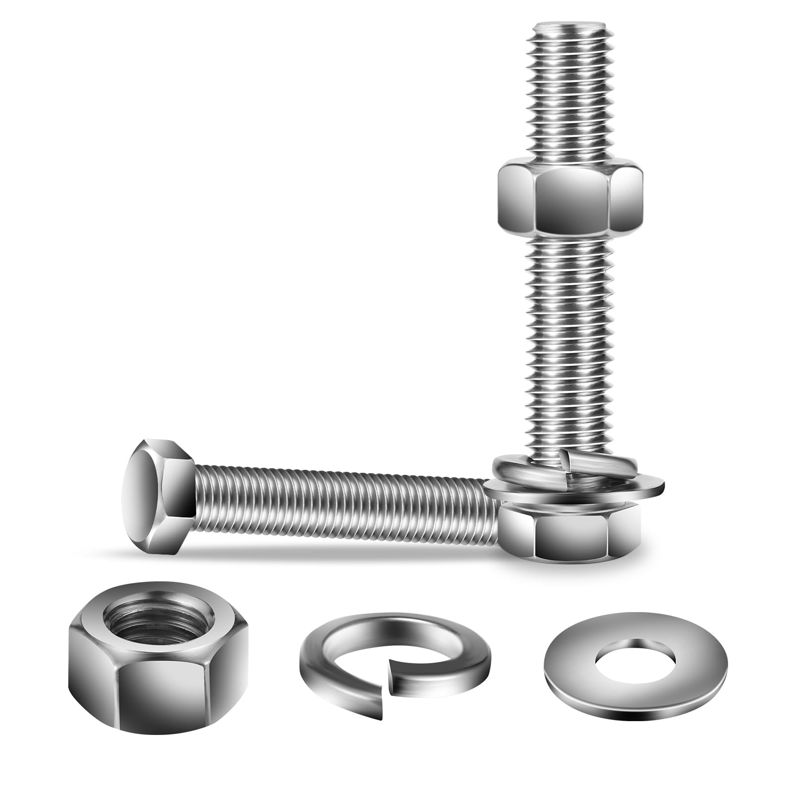 1/2-13 x 4 Hex Head Screw Bolt, Nuts, Flat & Lock Washers, 10Pcs 18-8 (304) Stainless Steel, Fully Threaded, by SG TZH