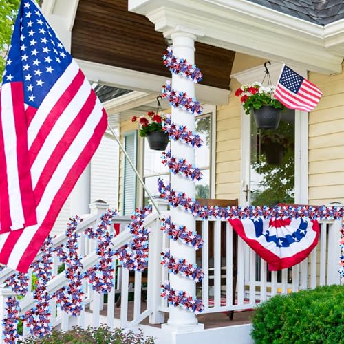 Image of 50 Feet Patriotic Tinsel Garland 4th of July Decorations, Red White Blue Star Tinsel Garlands Metallic Glitter Garland for Fourth of July Independence Day Memorial Day Decor Outdoor Indoor Home Party