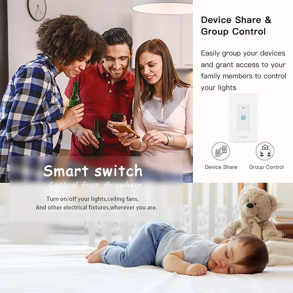 Tuya Smart Light Switch Compatible with Alexa, Single Pole 1 Gang WiFi Smart Switch