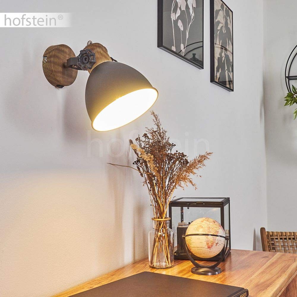 Applique murale Banjul en métal gris blanc et effet bois, spot vintage avec interrupteur intégré idéal dans un salon rétro, pour 1 ampoule E27, ampoule(s) non incluse(s)