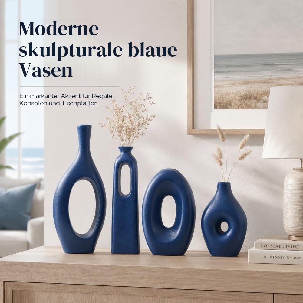 Blaue Keramikvase, 4er-Set – runde, Hohle Boho-Vasen für Pampasgras- und Blumendekoration, Moderne, minimalistische kleine Vasen für Wohnzimmer, Schlafzimmer, Kamin und Tafelaufsätze