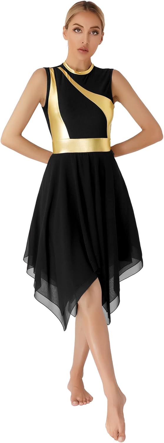 Liturgical Dancewear for Women Metallic Praise Dance Overlay Tunics Color Block Lyrical Worship Dance Dresses