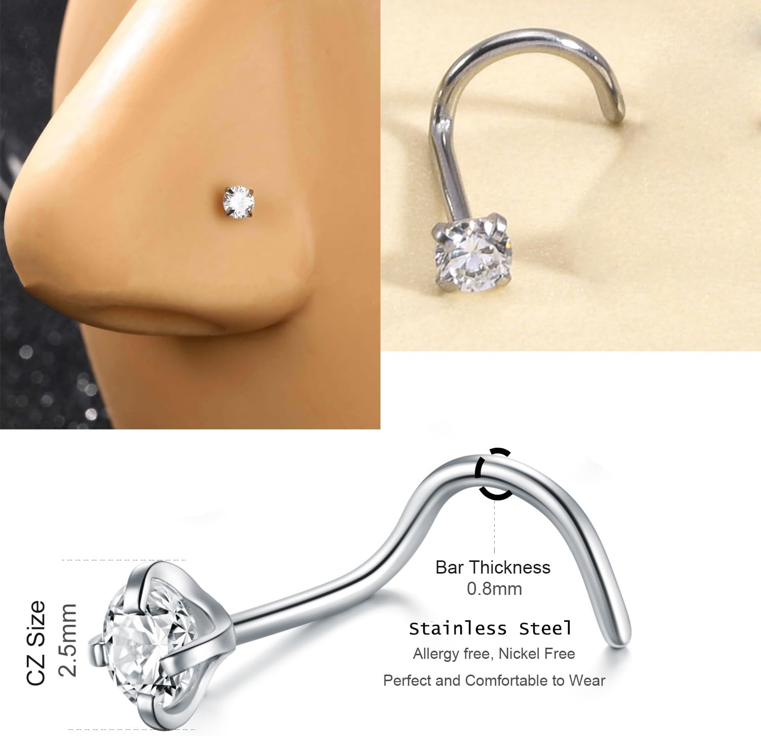 Kit 15 Pezzi Piercing Al Naso In Acciaio Inox Con CZ E Opale - Gioielli Anallergici - Foto 9