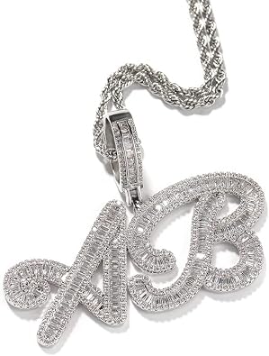 Hip Hop Custom Cursive Name Necklace Iced Out Pendant Bling Cubic Simulated Diamonds Letters Chain Nameplate Personalized Name Charm Jewelry Gift with Rope/Tennis Chain