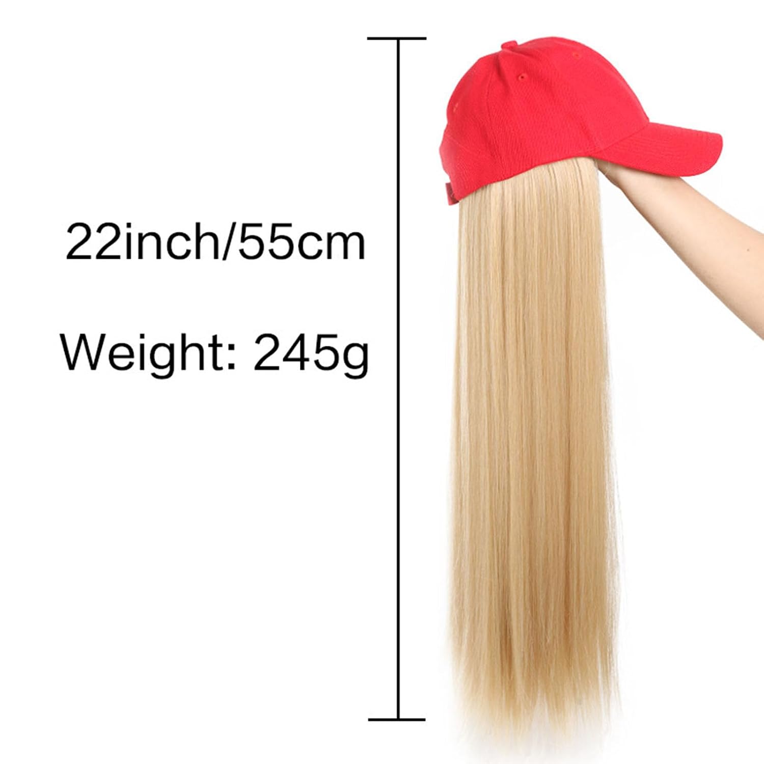 Baseball Cap with Attached Long Straight Blonde Hair Extension Wig, 22 Inches, Red Baseball Cap Adjustable Hat with Hair for Women