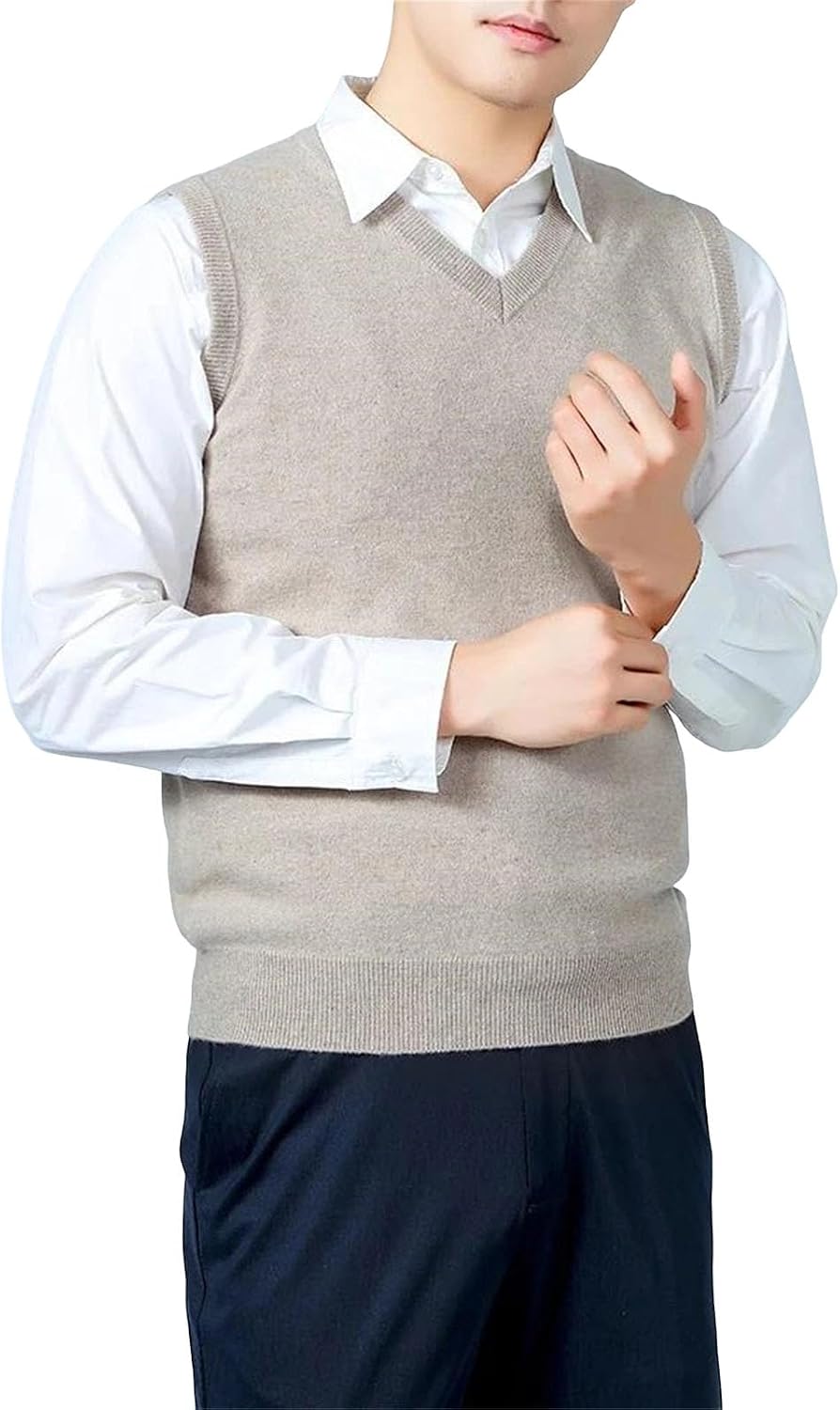 Mens 100 Percent Merino Wool Sweater Vest V Neck Sleeveless Solid Thick Knitted Pullover for Fall Winter Warm