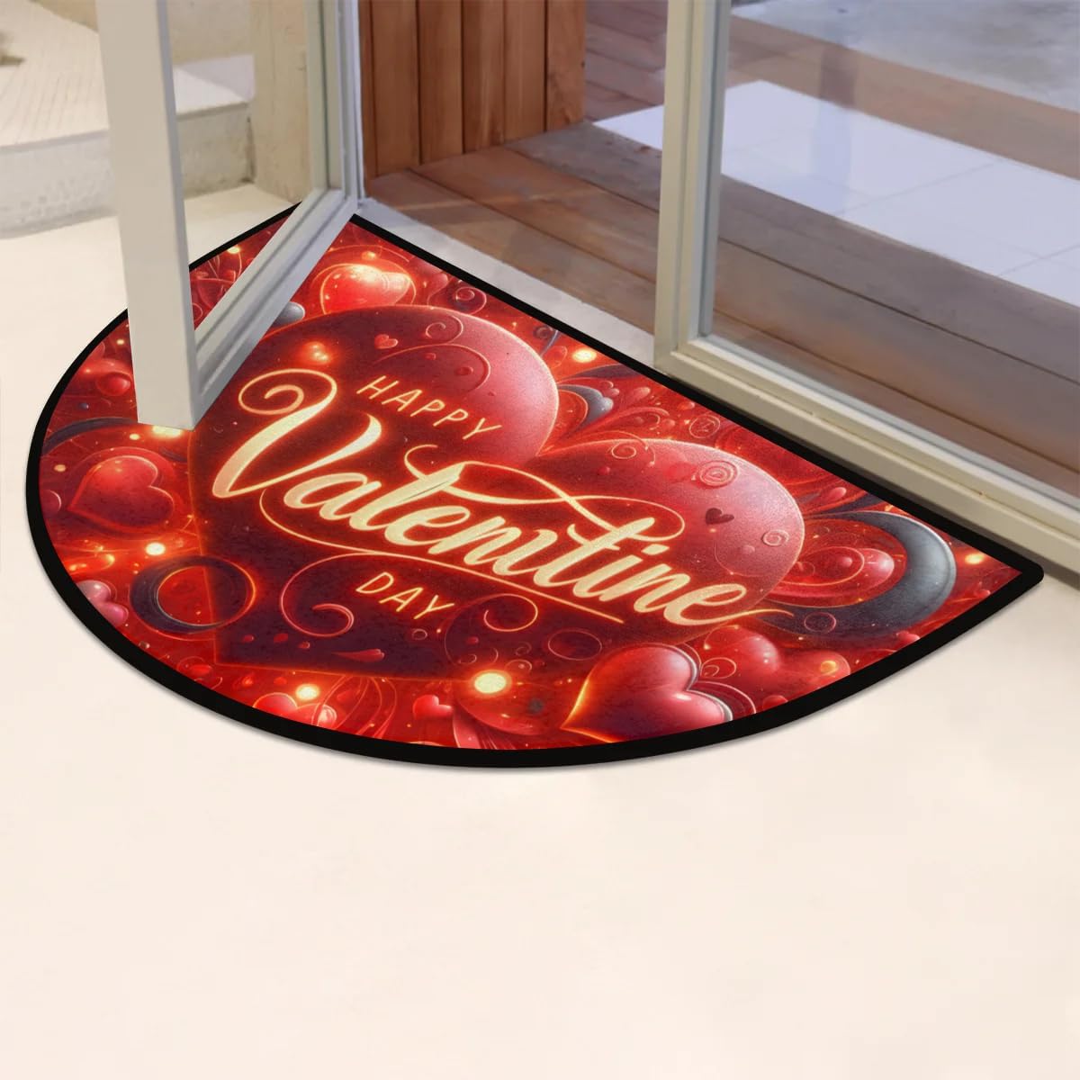 Half Round Door Mat Valentine's Day Glowing Heart Non-Slip Semi Circle Area Rug Washable Half Moon Hearth Rugs for Indoor Outdoor Bathroom Kitchen Patio Runner Mat Laundry Room Home Decoration