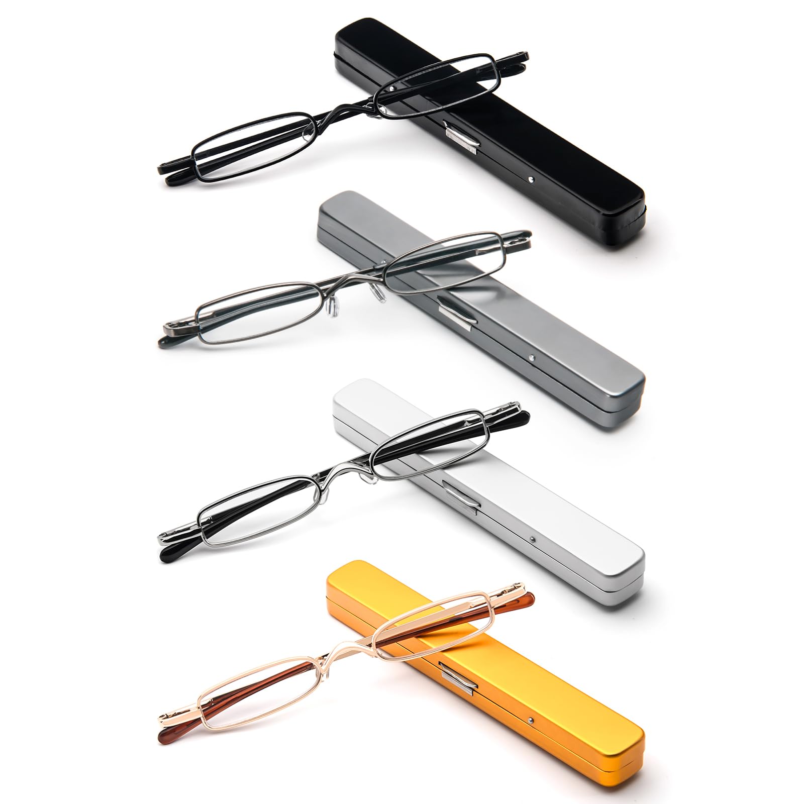 Small Reading Glasses Men Women 4 Pairs Slim Pocket Readers with Pen Clip Metal Case Spring Hinge +2.25