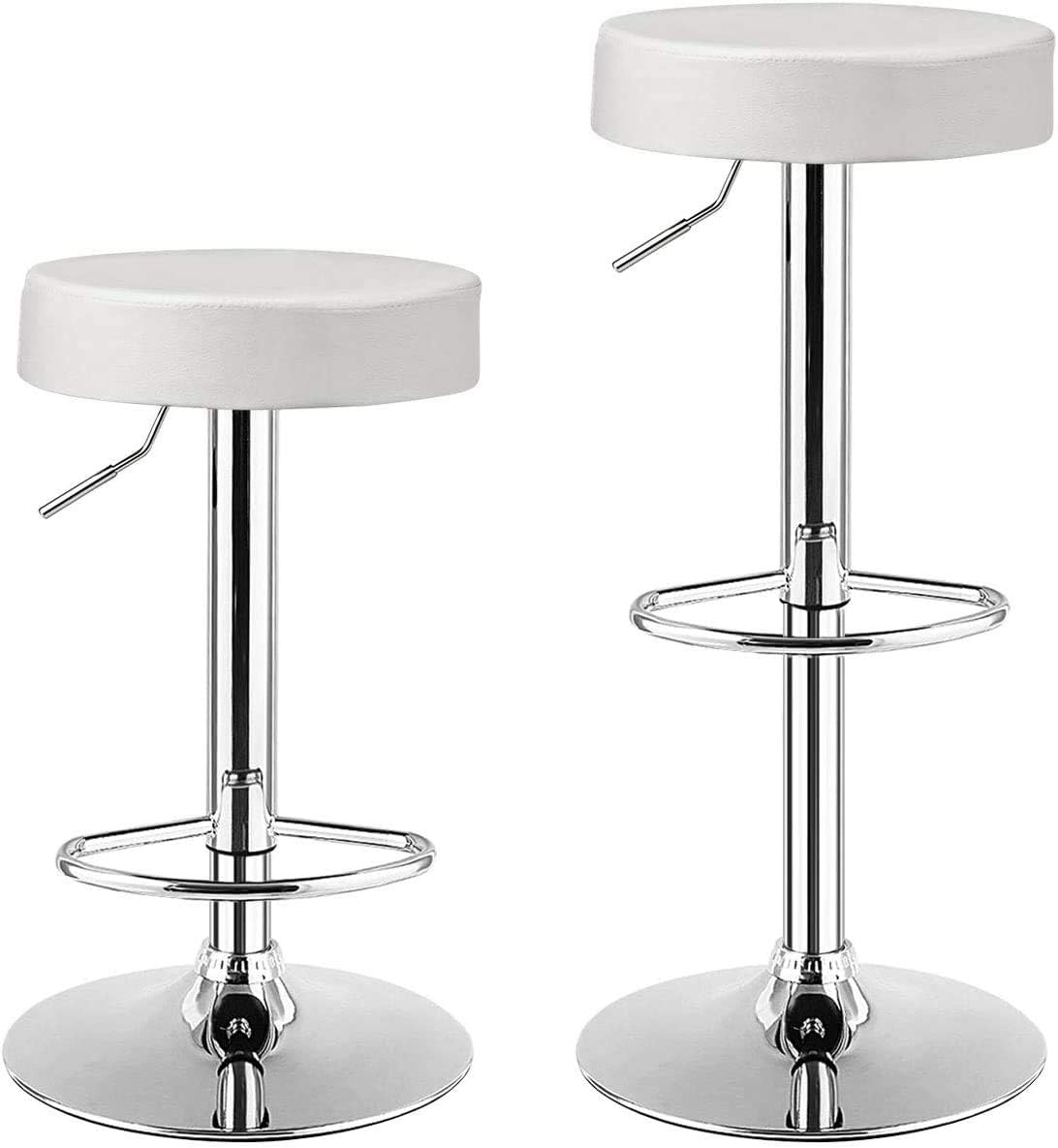 ReunionG Swivel Bar Stools Set of 2, Adjustable Counter Height Bar Stools w/Chrome Footrest & Base, Modern PU Leather Island Stools for Kitchen Counter, Backless Bar Chairs for Pub, Bistro (White)