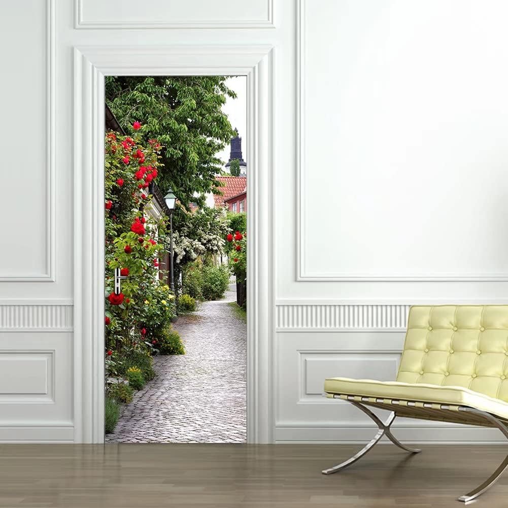 3D Door Sticker Wall Decals Mural Wallpaper Rose Town DIY Art Home Decor Decoration 30.3x78.7 DM048