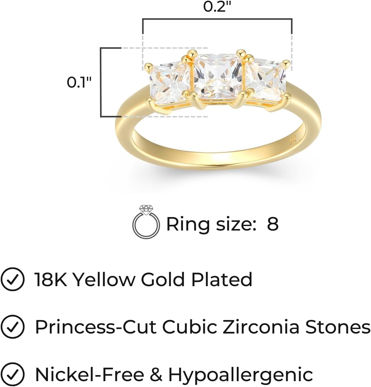 MORGAN & PAIGE .925 Sterling Silver Platinum or Yellow Gold Plated Princess-Cut Cubic Zirconia 3-Stone Engagement Rings for Women - Classic Sparkling Square-Cut Anniversary Sterling Silver Rings Women