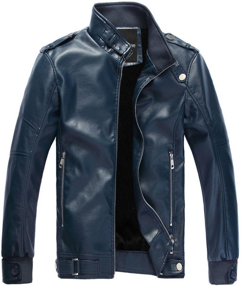 YGT Young Men Stand Collar Fushion PU Faux Leather Jacket Motor Coat