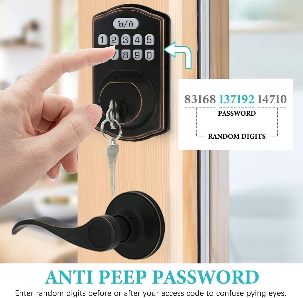 Fingerprint Door Lock with Passage Lever, Contemporary Electronic Keypad Deadbolt, Auto-Locking, Anti-Peeping Password, Keyless Entry Door Lock with Handle, Oil Rubbed Bronze