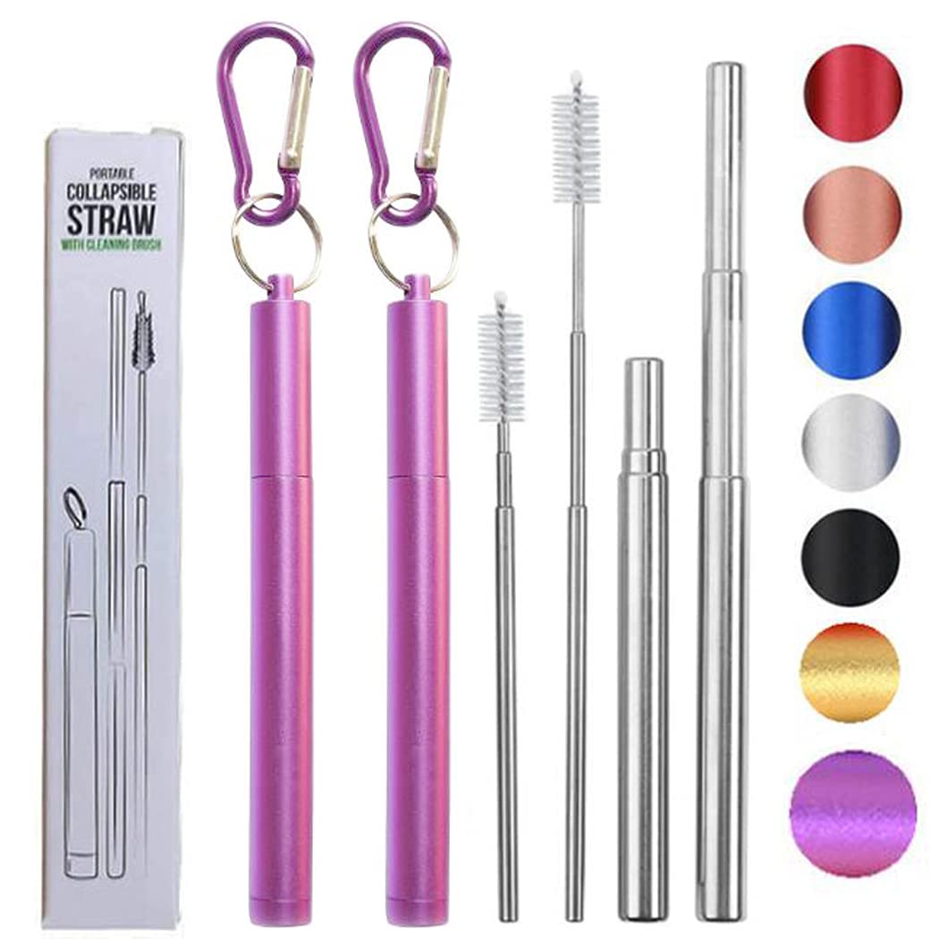 Hoshen Reusable Three-Section Foldable Metal Straw, Portable Telescopic Straw, Including Brush and Small Carabiner (Aluminum Alloy Shell), Pink, 2 PCS