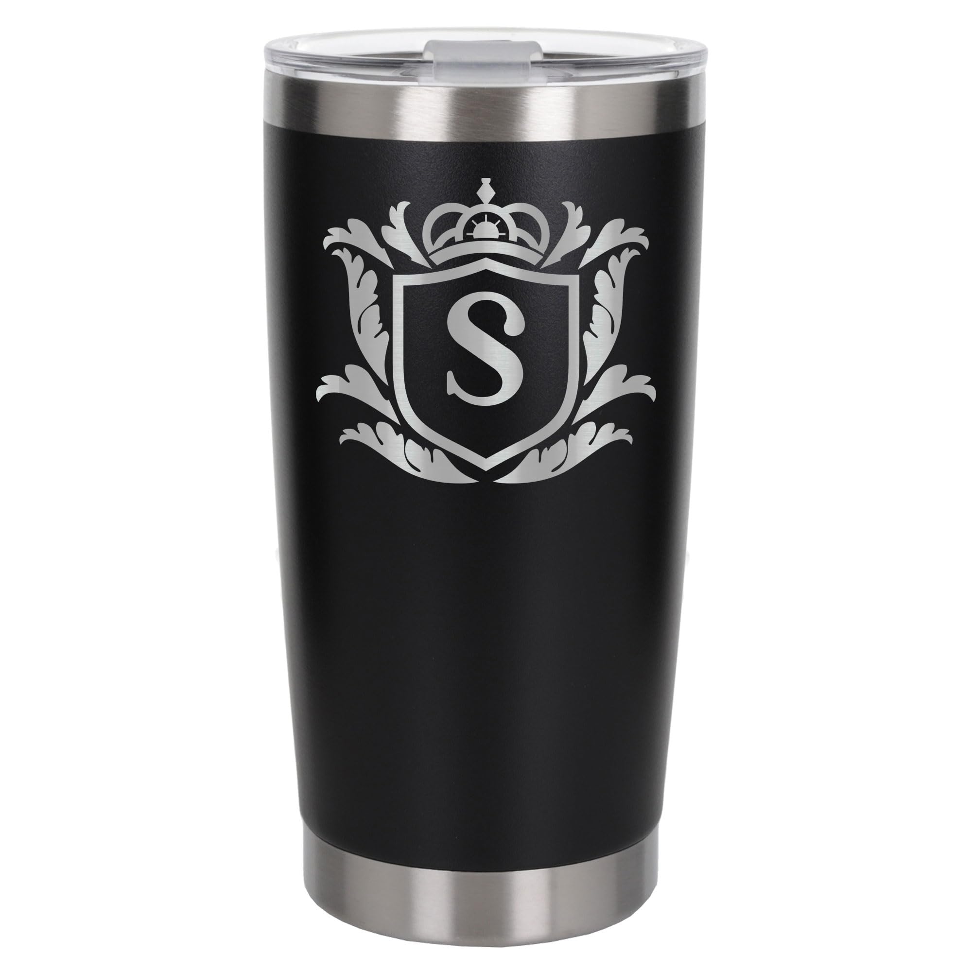 Customised Gifts 500ml Engraved Shield Initial Monogram Insulated Personalised Black Travel Mug for Men and Women - Personalised Initial Coffee Travel Mug for Hot and Cold Beverages, Letter S