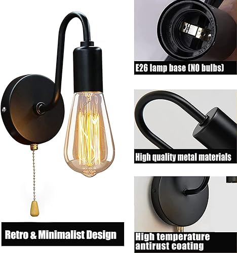 Miniatura 3 de Juego de 2 lámparas de pared con cadena de tracción vintage JZCDR, apliques de pared cableados con interruptor de encendidoapagado, lámparas de