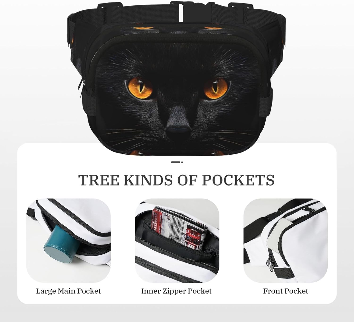 Black Cat Eyes Fanny Pack for Women Men Fashion Waist Packs with Adjustable Strap Crossbody Belt Waist Bag for Hiking Running Travel