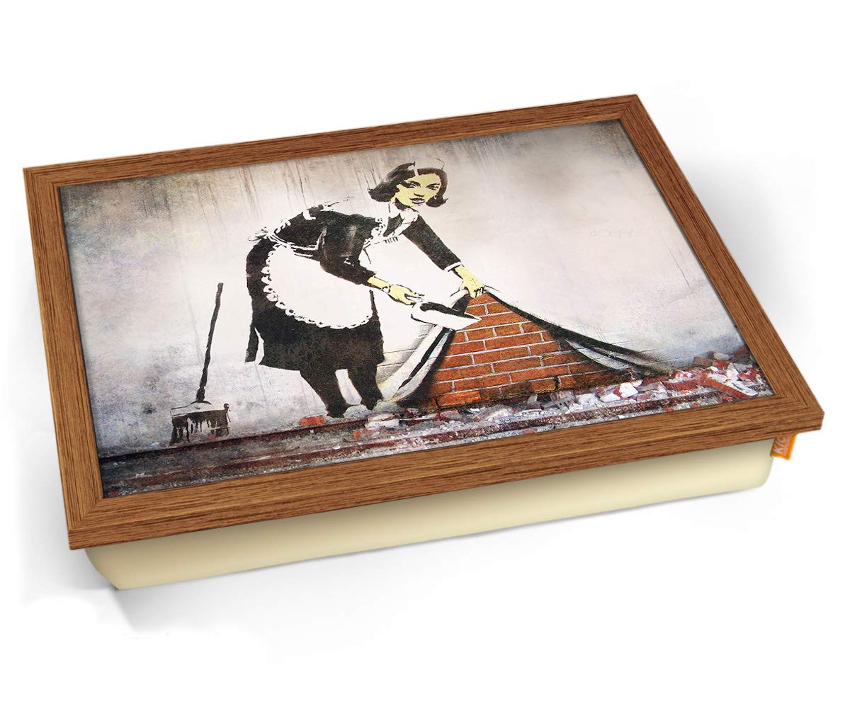Banksy Street Maid Cushioned Bean Bag Breakfast Bed Lap Tray Desk - Wood Effect Frame