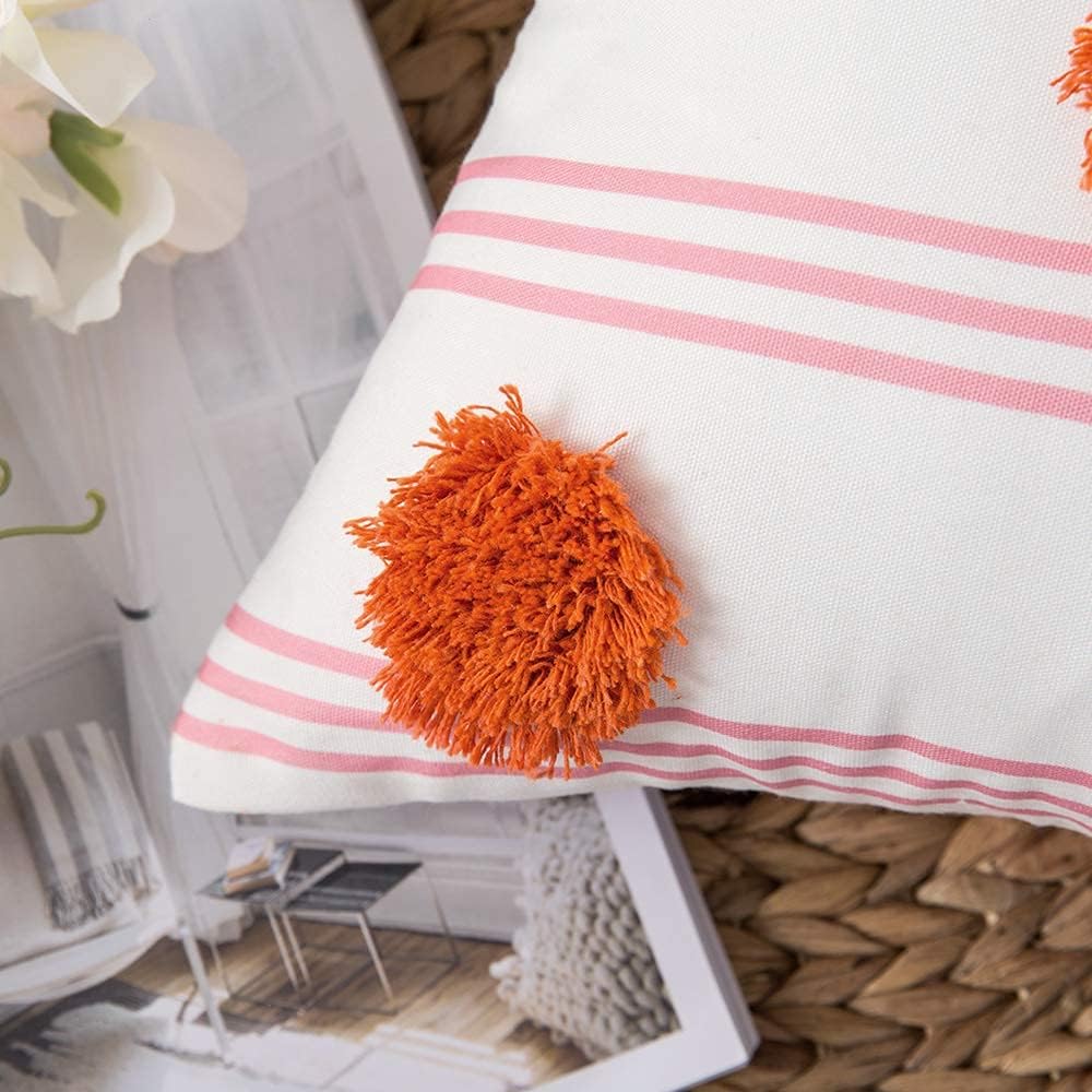 MIULEE Pack of 2 Boho Decorative Throw Pillow Covers Striped Tufted Pillowcases Cushion Cases for Couch Sofa Bedroom 18x18 Inch Orange Pink