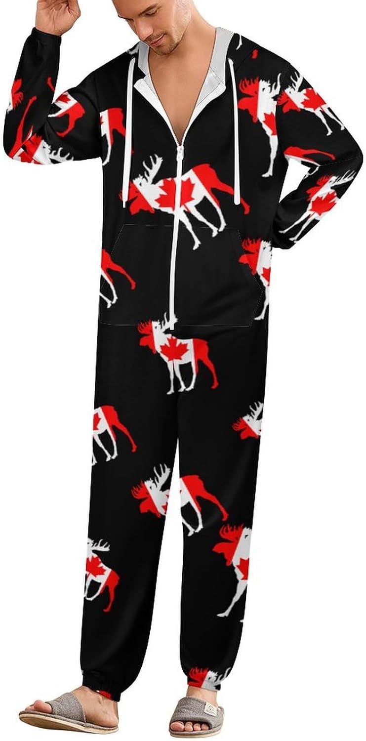 Mooses in Flag of Canada Adult Pajamas Onesie with Hood Pocket Jumpsuits One Piece Sleepwear