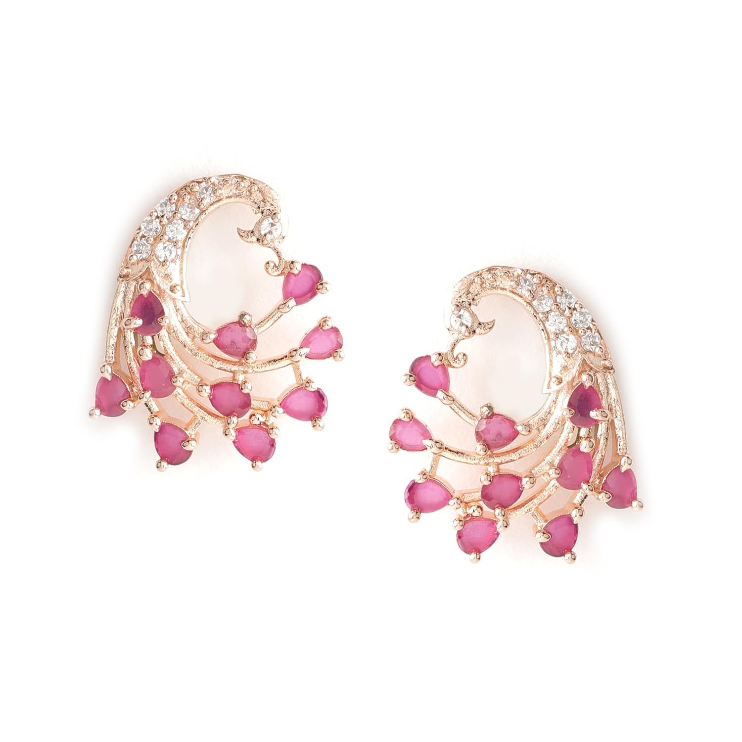 Women's Rose-Gold Plated Peacock Shaped Ruby Studded Earrings
