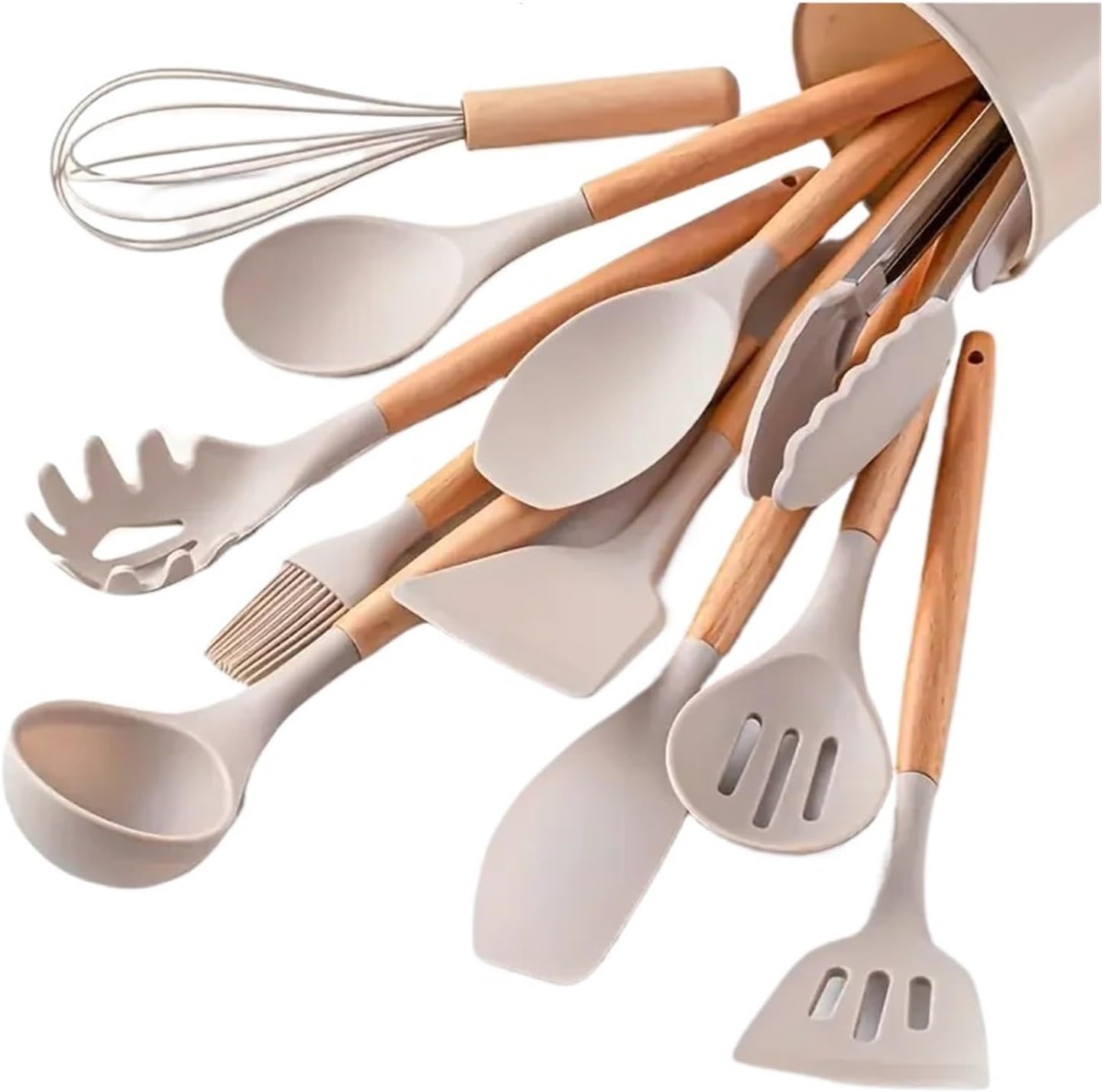 12pcs Set Of Multi-color Silicone Wooden Handle Kitchenware Non Stick Pot Spatula And Spoon Cooking Utensils(12pcs white)
