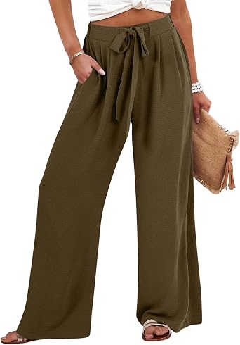 Womens Wide Leg Palazzo Pants Summer High Waist Flowy Loose Casual Lounge Trousers Beach Travel Vacation Clothing