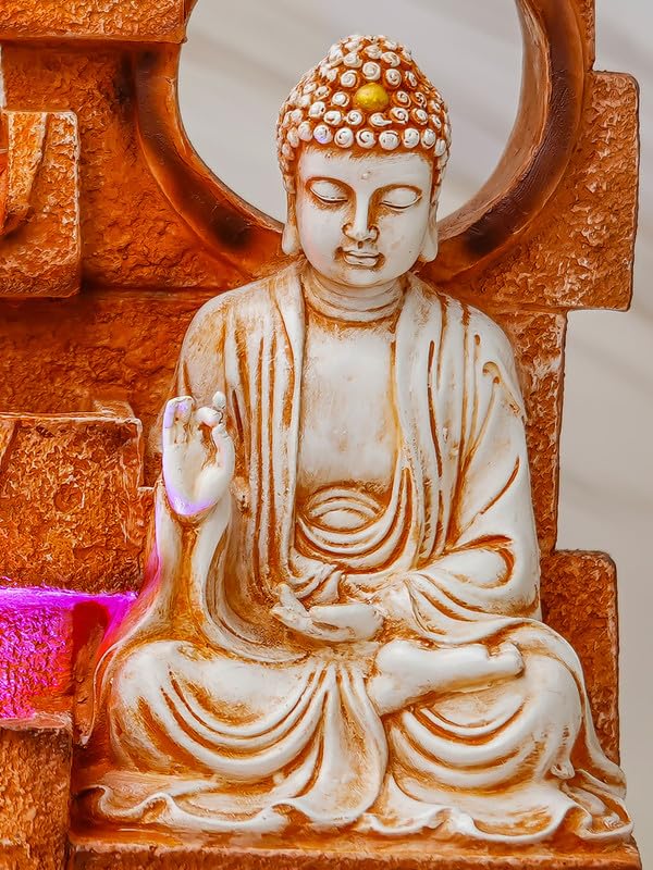 Image of Multicolor Polyresin Tabletop Buddha 5 Step Indoor Water Fountain for Home Decor with LED, Speed Control Pump (Size: 25.5 x 17.5 x 44 CM | Weight: 2525Gram)