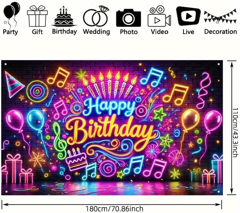 Neon Music Birthday Party Background Cloth Theme Birthday Backdrop Lantern Effect Banner Birthday Background Party Decoration
