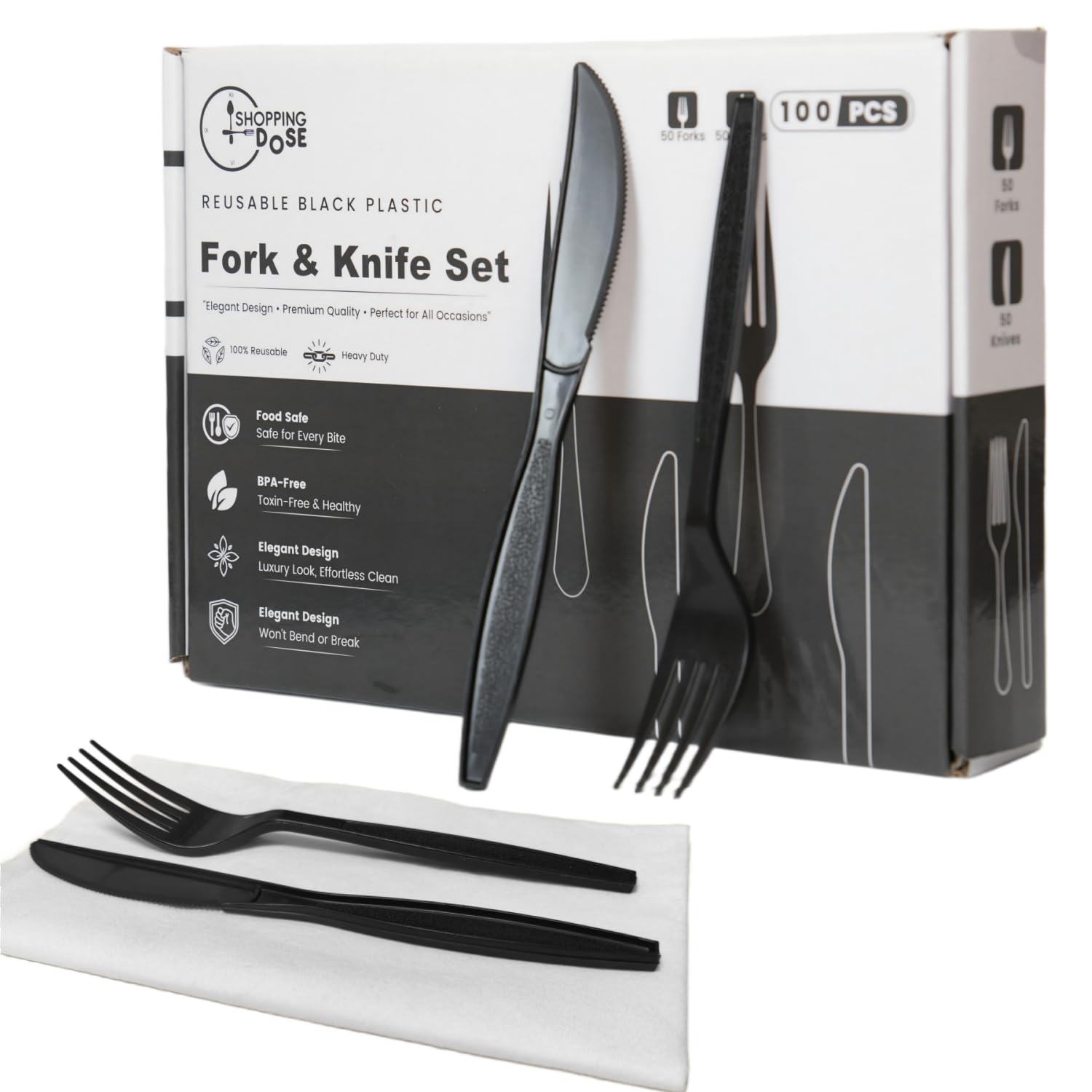 Heavy Duty Reusable Black Plastic Cutlery Set (50 Forks & 50 Knives)
