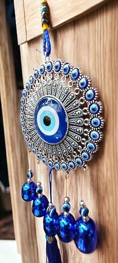 Image of Decorative Wind Chime for Home | Wooden House with Bells Colourful Beads | Positive Energy Balcony Living Room Hall Garden Home Decor (Evil Eye Hanging)