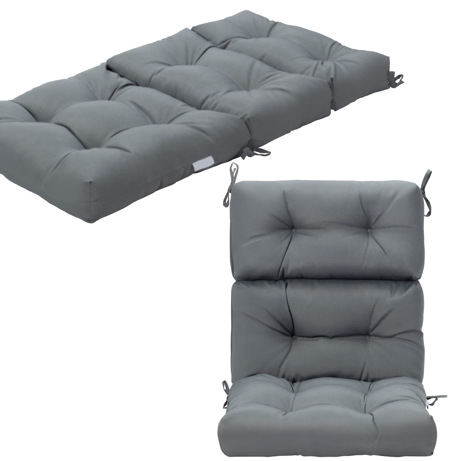 Graffy 2 Pack Outdoor Chair Cushions 45" x 22" x 4.5", High Back Tufted Seat Cushion with Ties, Waterproof All-Weather Indoor Rocking Chair Replacement Pads, Patio Wicker Furniture Cushions, Grey