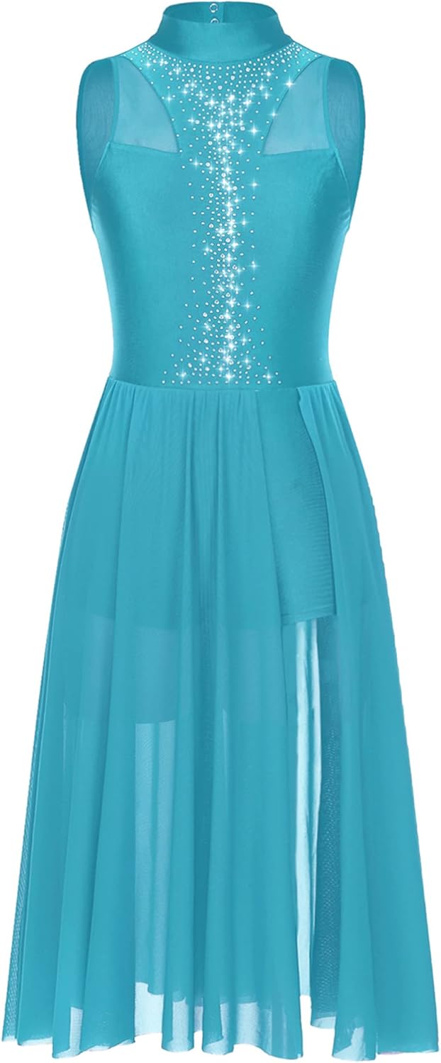 Women Lyrical Dance Dress Shiny Sequin Contemporary Modern Dance Costumes Flowy Balllet Leotard