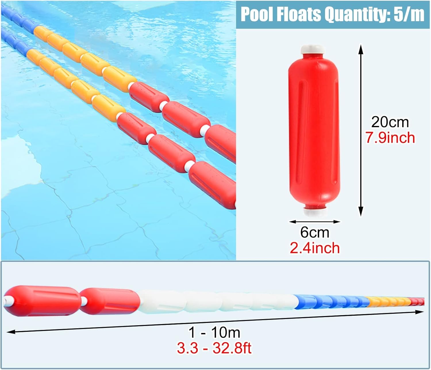 Swimming Pool Safety Rope Float Outdoor Bath Beach Floating Safety Divider Rope - Deep Shallow End Divider Line, Preassembled Swimming Pool Rope Float Keepers, 1-10m,Nylon Rope Style-5m/16.4