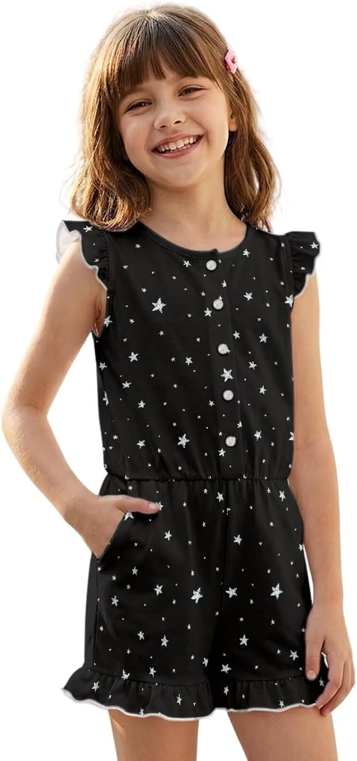 Summer Casual Romper Button Round Neck Playsuit for Girl 5-14 Y, Ruffle Trim Elastic Waist One-Piece Short Jumpsuit