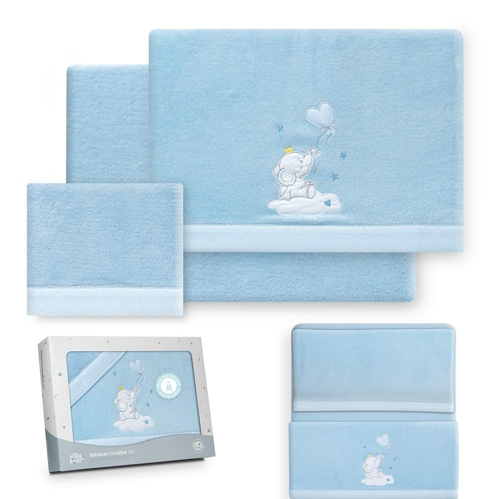 Interbaby - Juego de Sábanas para Minicuna de 50 x 80 cm, Bebé - Sábanas de Invierno Tejido Coralina - Modelo Elefante Globo Corazón - Incluye Sábana Bajera + Sábana Encimera + Funda Almohada