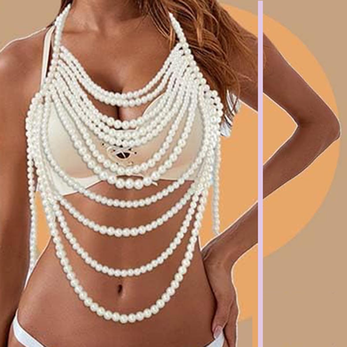 Pearl Body Chain Shoulder Necklace Pearl Top Bikini Sexy Bra ChainPearls Shoulder Chains Bra Chain Jewelry for Women Rave Nightclub Party Body Accessories